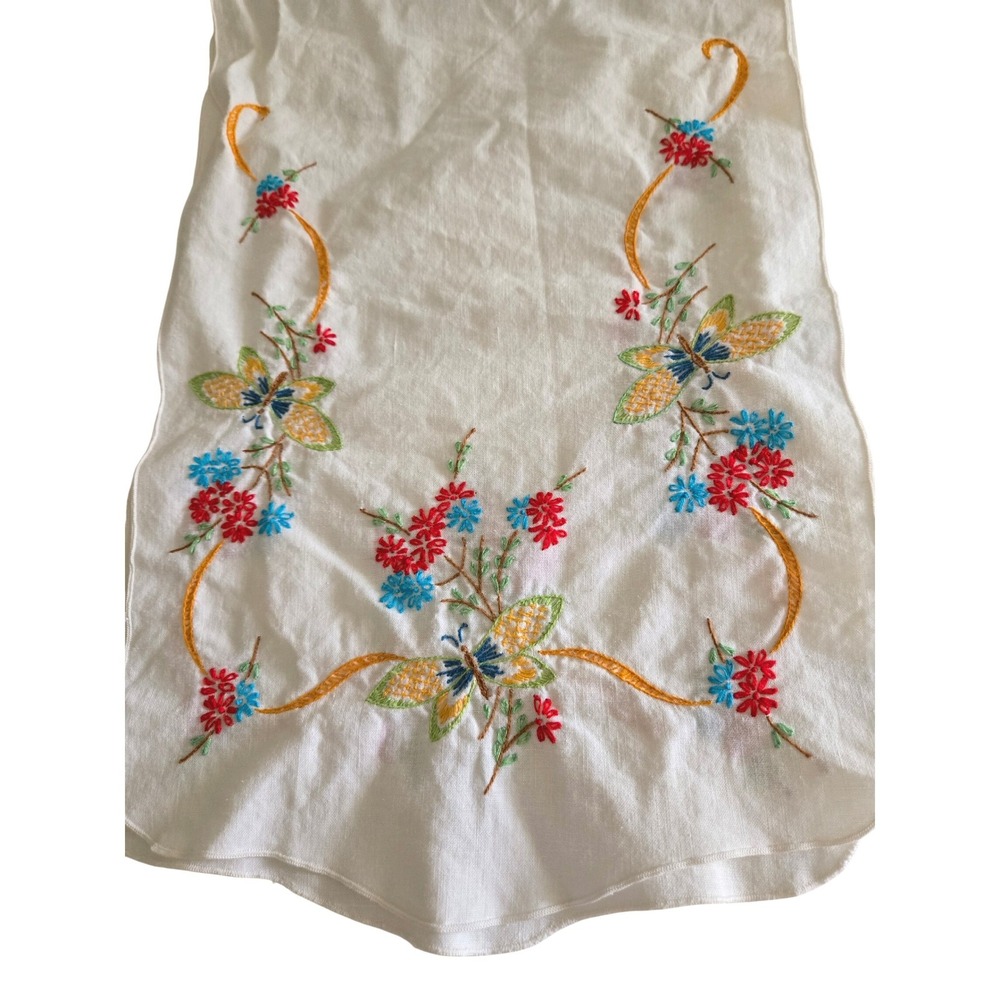 Vintage Table Runner White Hand Embroidered Butterfly Floral Linen Shabby Chic
